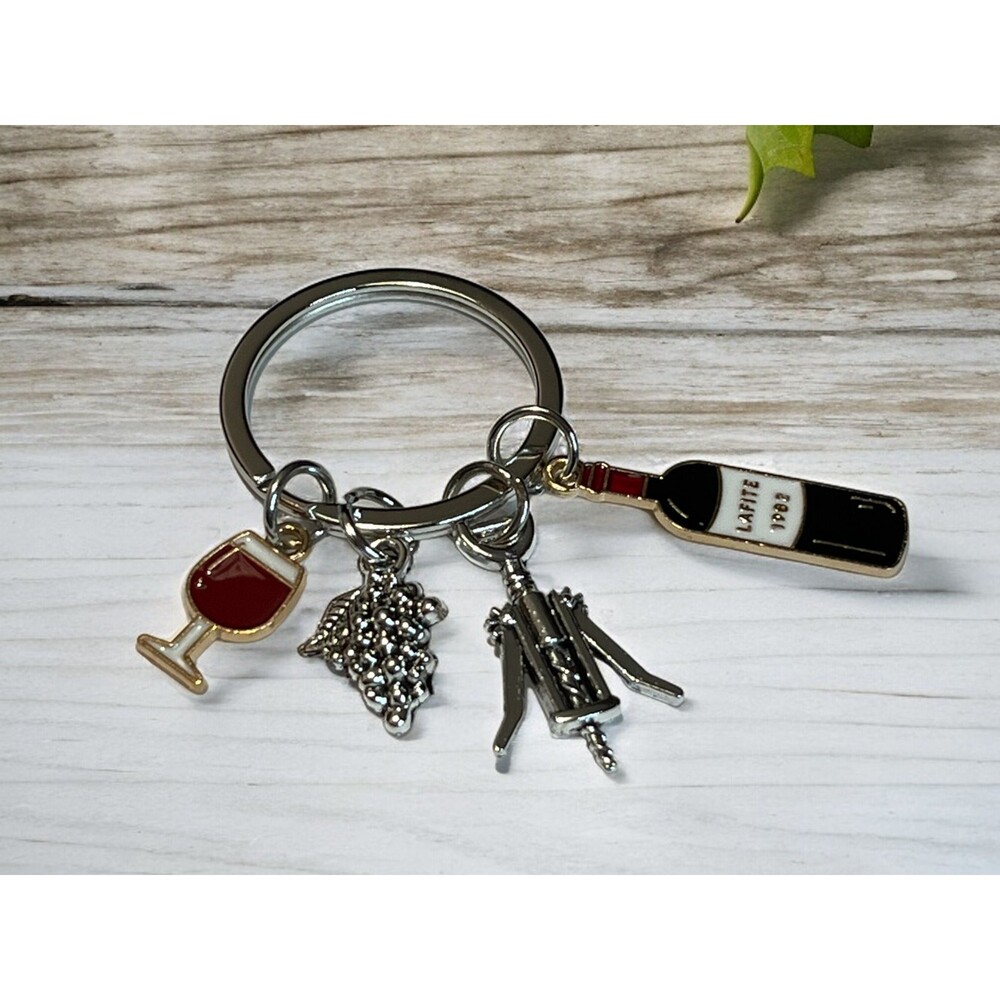 Wine Themed Keychain with Wine Glass, Grapes, Wine Bottle and Bottle Opener